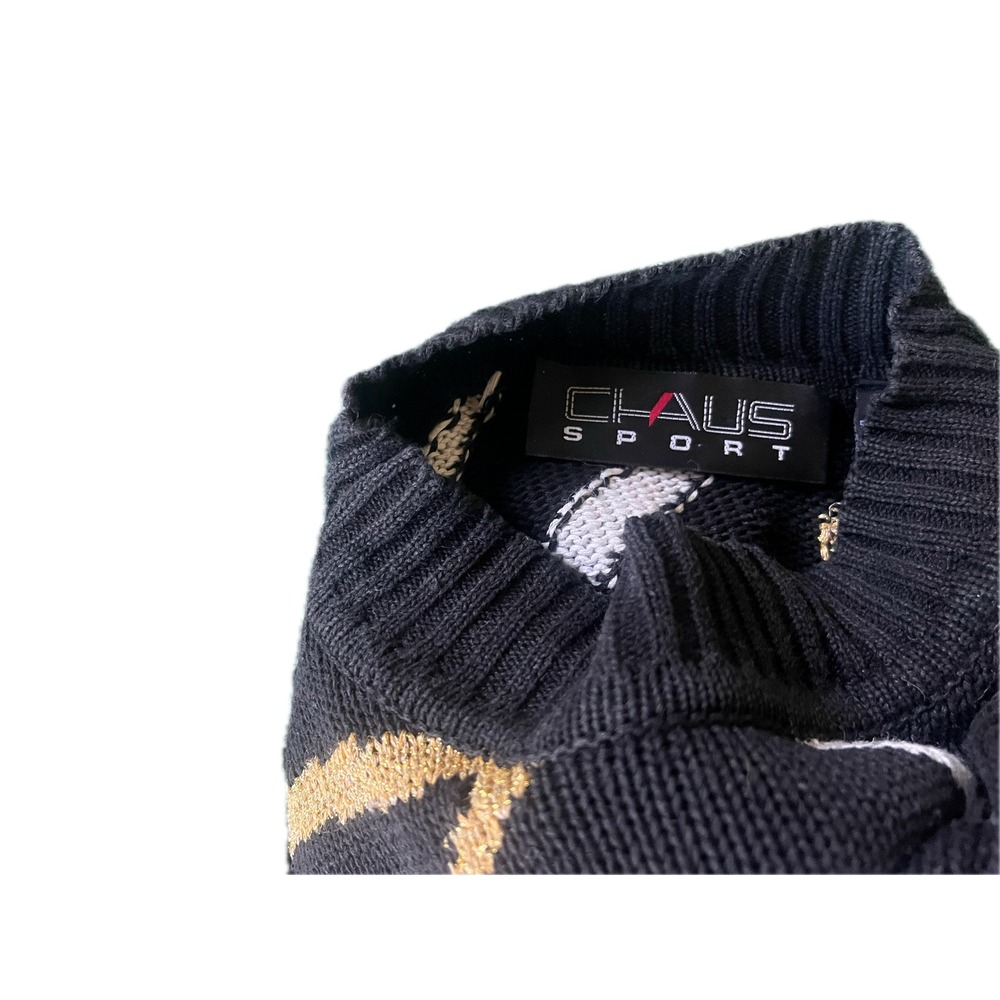 Chaus Sport Vintage 80s Roman Numeral Knit Sweater Black Gold White Oversized XL - Picture 7 of 7